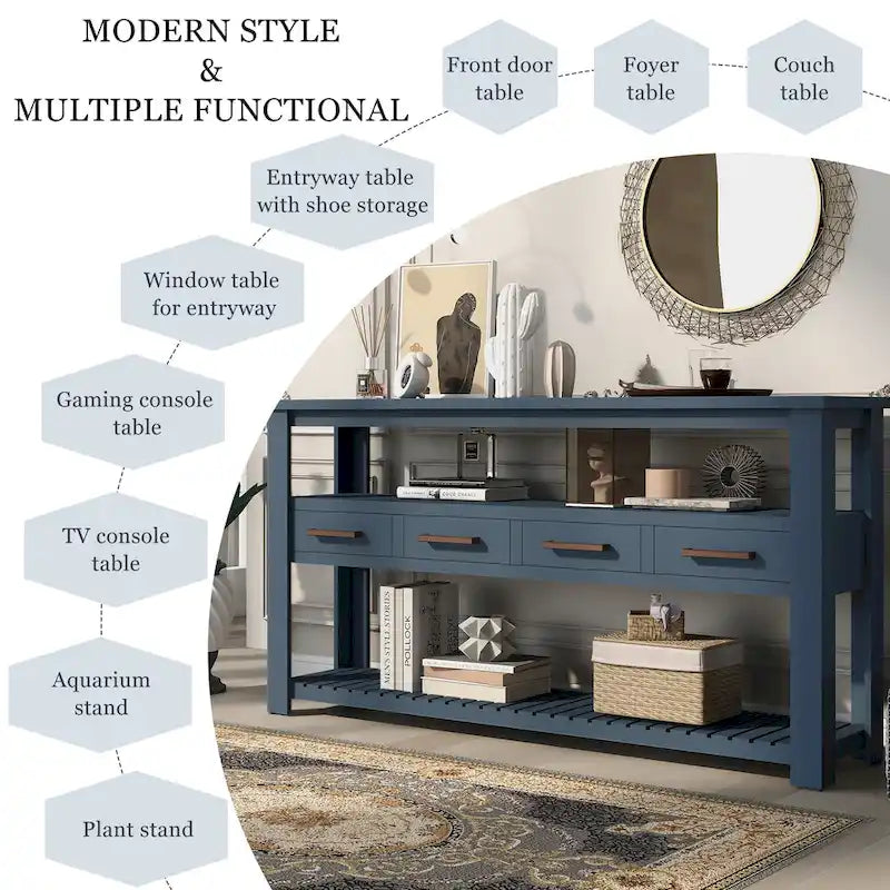 Console moderne pour salon avec 4 tiroirs et 2 étagères