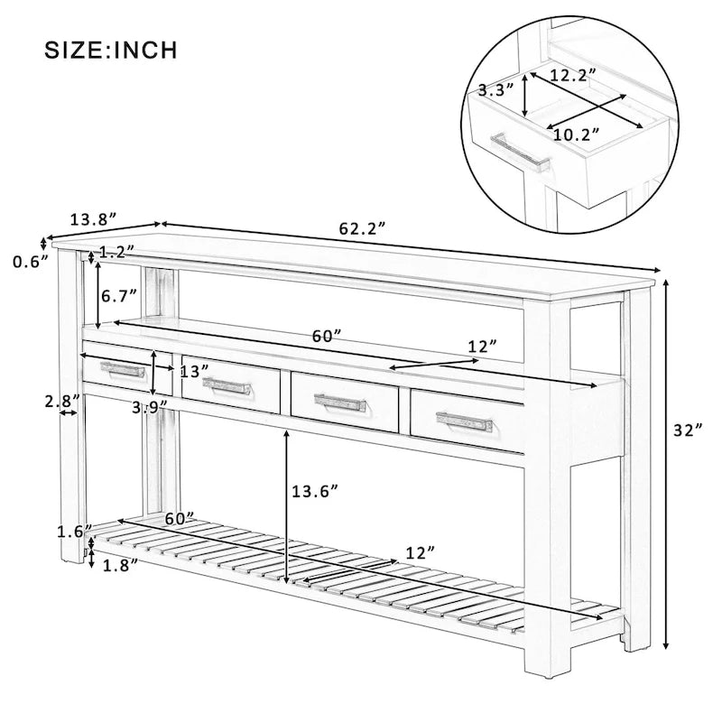 Console moderne pour salon avec 4 tiroirs et 2 étagères
