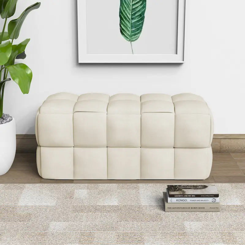 Banc confortable tissé en lin naturel rembourré Luxerna de 91 cm