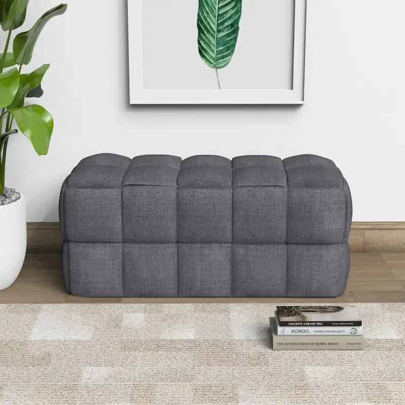 Banc confortable tissé en lin naturel rembourré Luxerna de 91 cm