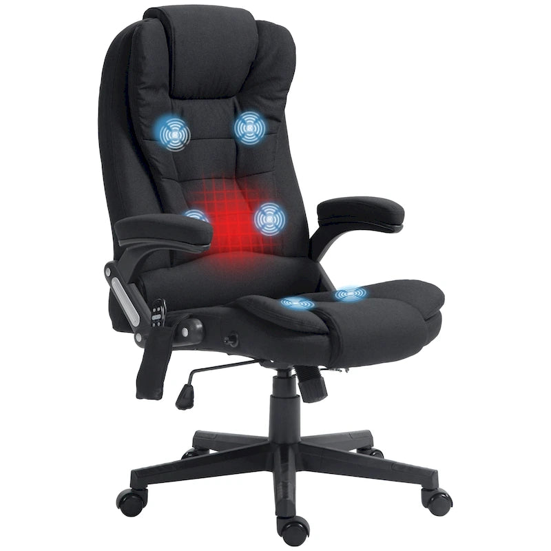 HOMCOM Fauteuil de bureau massant et chauffant 6 points, Chaise de bureau de direction inclinable en lin à dossier haut