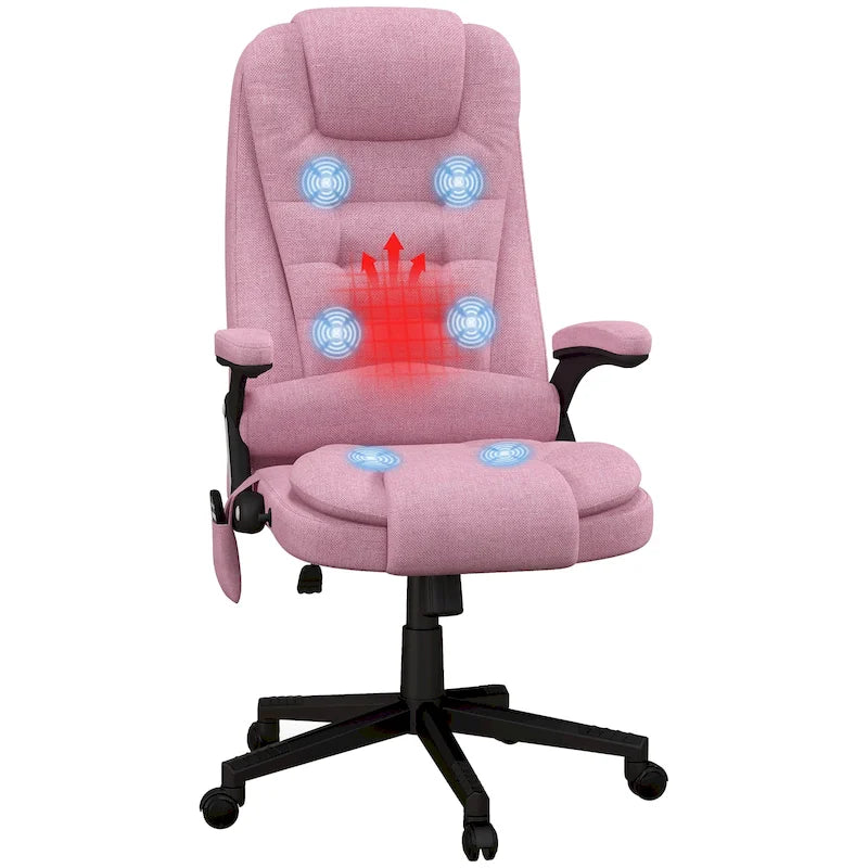 HOMCOM Fauteuil de bureau massant et chauffant 6 points, Chaise de bureau de direction inclinable en lin à dossier haut