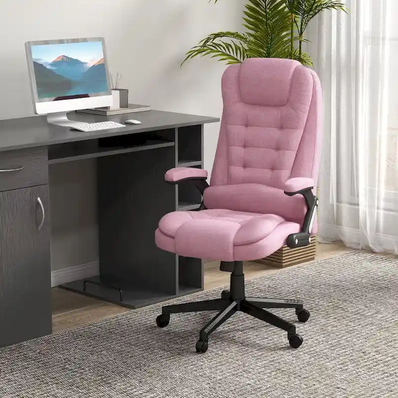 HOMCOM Fauteuil de bureau massant et chauffant 6 points, Chaise de bureau de direction inclinable en lin à dossier haut