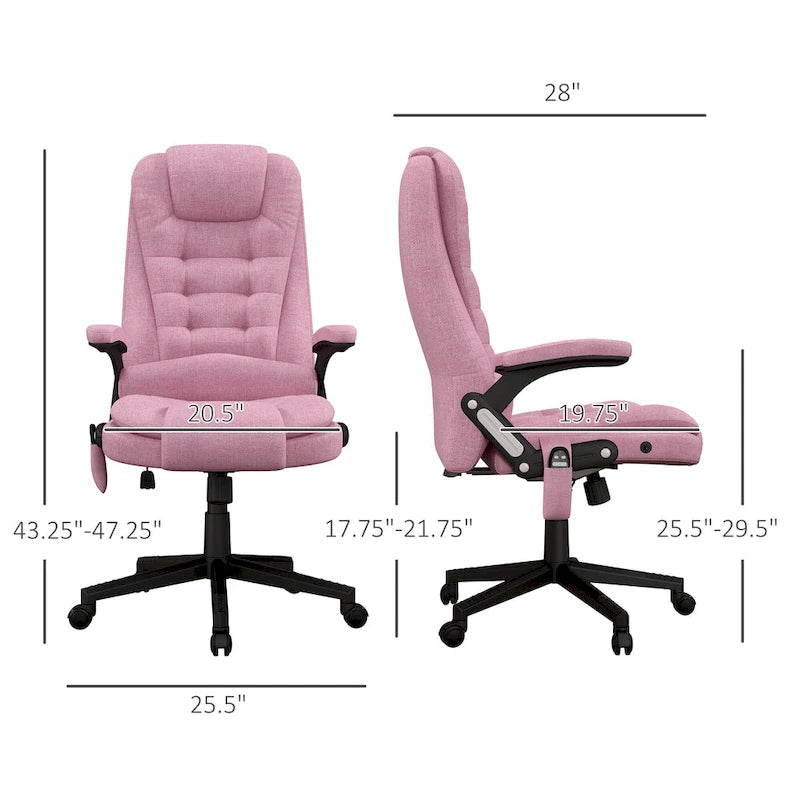 HOMCOM Fauteuil de bureau massant et chauffant 6 points, Chaise de bureau de direction inclinable en lin à dossier haut