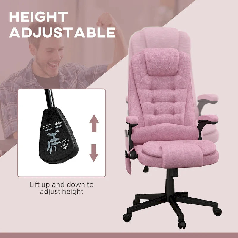 HOMCOM Fauteuil de bureau massant et chauffant 6 points, Chaise de bureau de direction inclinable en lin à dossier haut