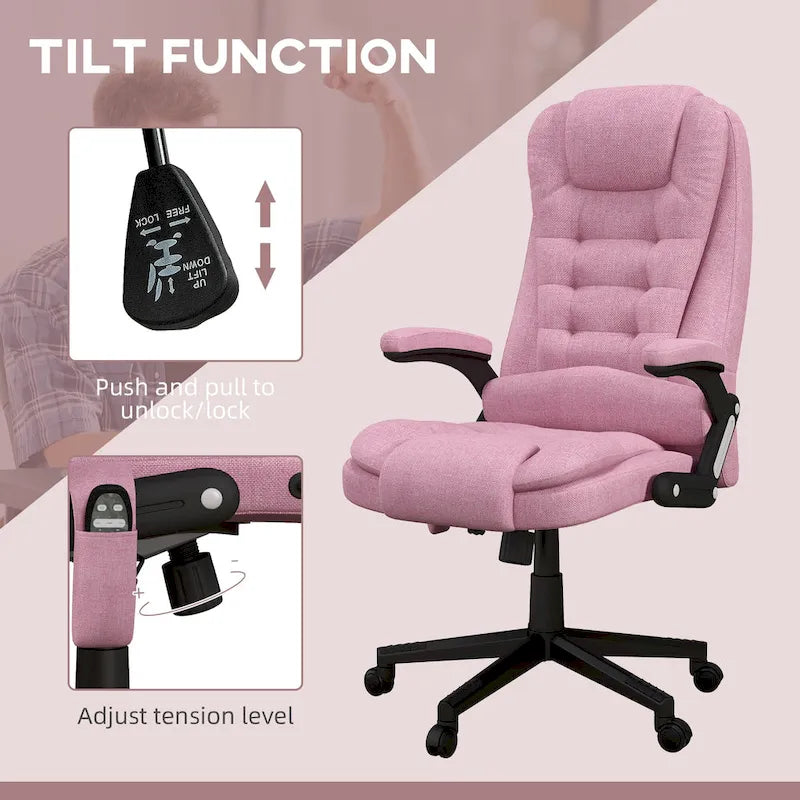 HOMCOM Fauteuil de bureau massant et chauffant 6 points, Chaise de bureau de direction inclinable en lin à dossier haut