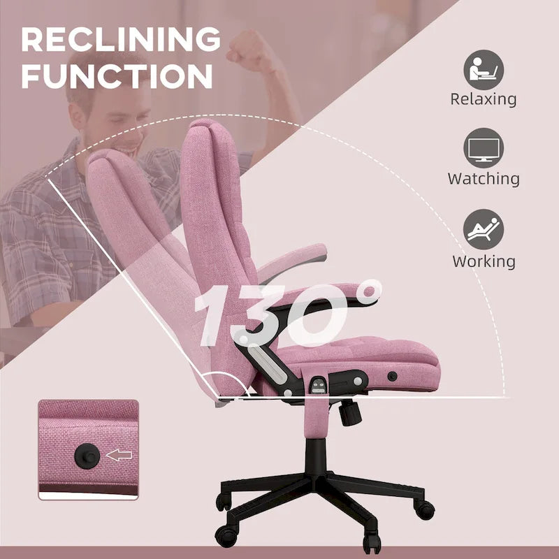 HOMCOM Fauteuil de bureau massant et chauffant 6 points, Chaise de bureau de direction inclinable en lin à dossier haut