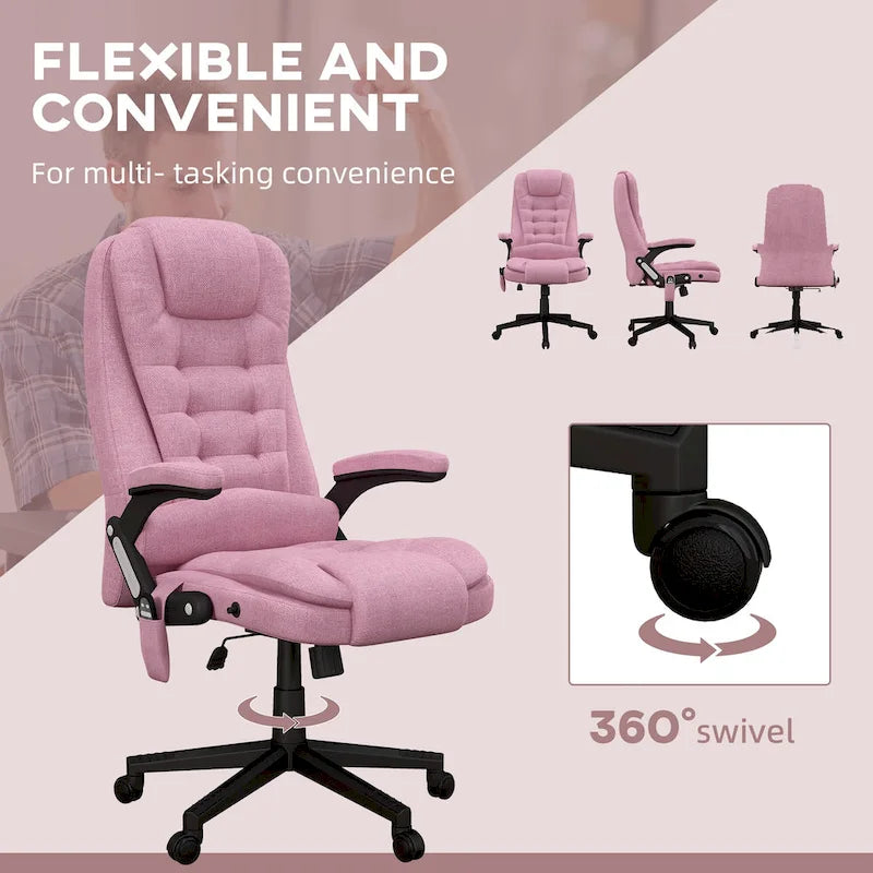HOMCOM Fauteuil de bureau massant et chauffant 6 points, Chaise de bureau de direction inclinable en lin à dossier haut