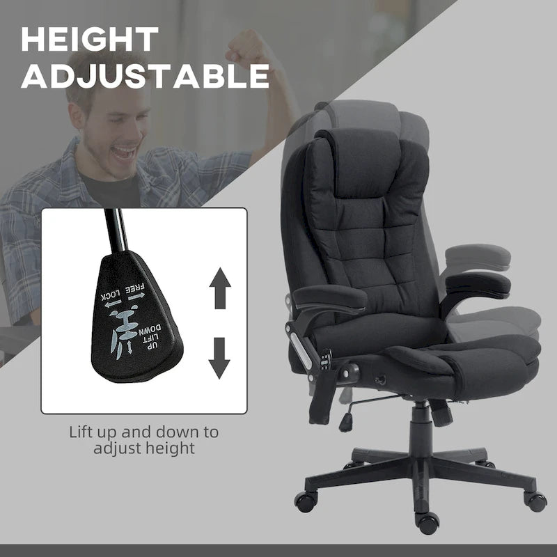 HOMCOM Fauteuil de bureau massant et chauffant 6 points, Chaise de bureau de direction inclinable en lin à dossier haut