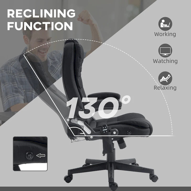HOMCOM Fauteuil de bureau massant et chauffant 6 points, Chaise de bureau de direction inclinable en lin à dossier haut