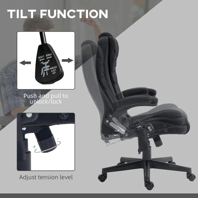 HOMCOM Fauteuil de bureau massant et chauffant 6 points, Chaise de bureau de direction inclinable en lin à dossier haut