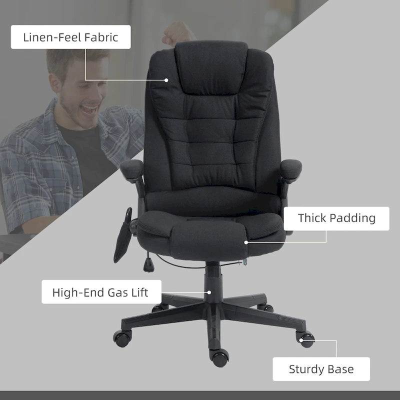 HOMCOM Fauteuil de bureau massant et chauffant 6 points, Chaise de bureau de direction inclinable en lin à dossier haut