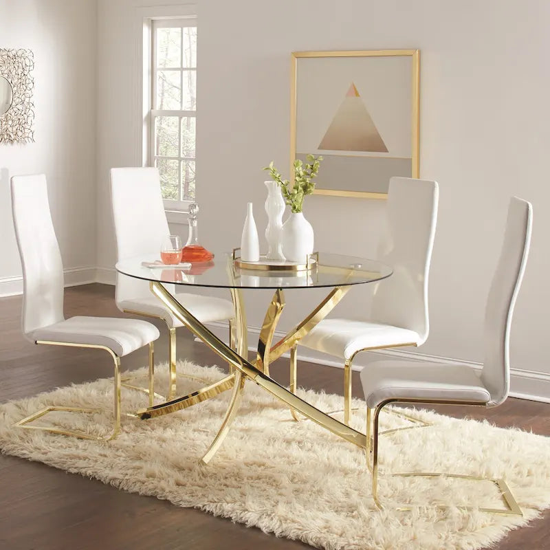 Ensemble de salle à manger moderne de 5 pièces avec plateau en verre et base en métal doré
