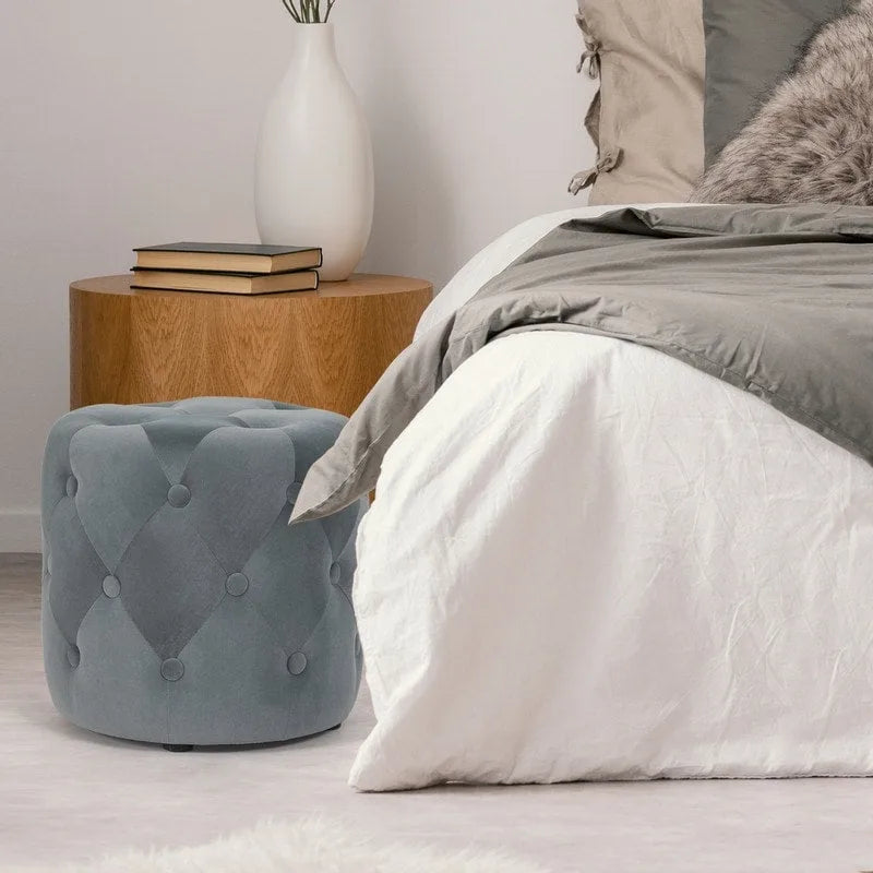 Poufs ronds capitonnés bleus / verts / gris / roses – Repose-pieds une place
