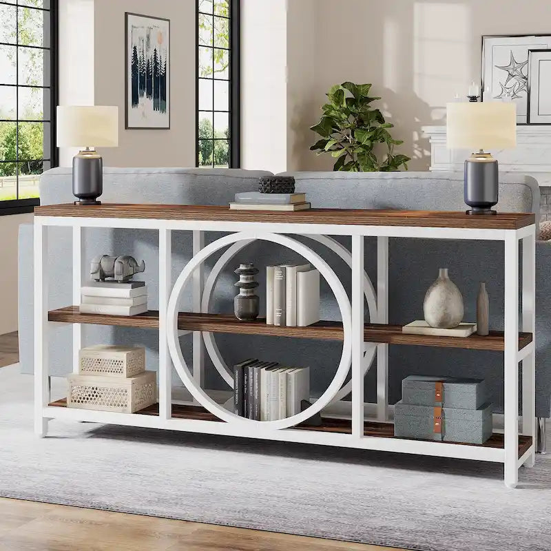 Console extra longue de 70,9 pouces, étroite, avec 3 étagères de rangement en bois