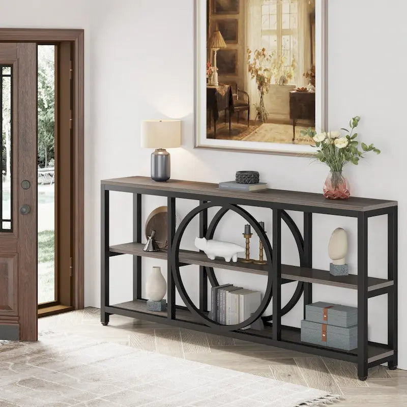 Console extra longue de 70,9 pouces, étroite, avec 3 étagères de rangement en bois