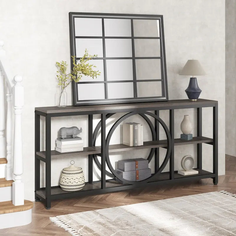 Console extra longue de 70,9 pouces, étroite, avec 3 étagères de rangement en bois