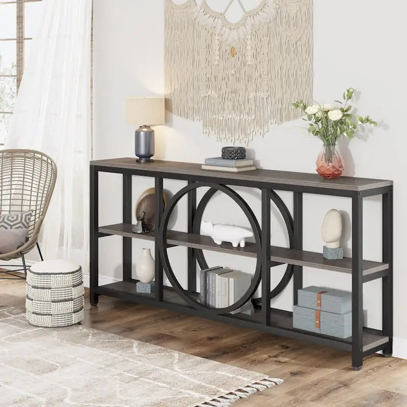 Console extra longue de 70,9 pouces, étroite, avec 3 étagères de rangement en bois