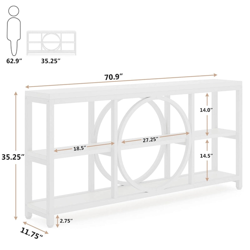 Console extra longue de 70,9 pouces, étroite, avec 3 étagères de rangement en bois