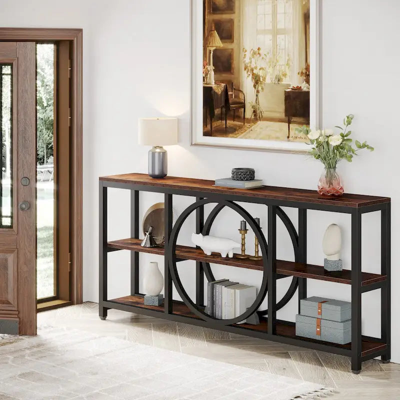Console extra longue de 70,9 pouces, étroite, avec 3 étagères de rangement en bois