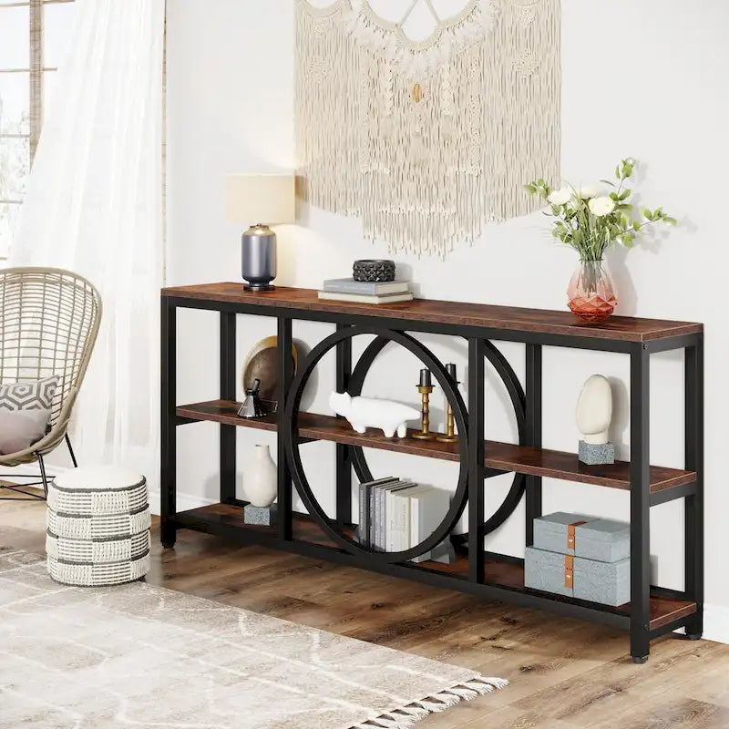 Console extra longue de 70,9 pouces, étroite, avec 3 étagères de rangement en bois