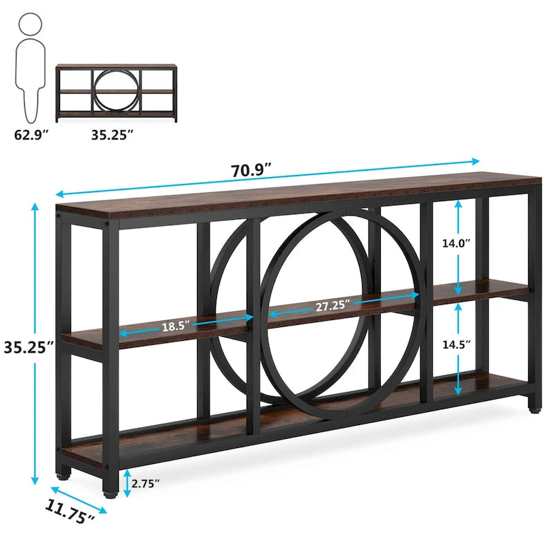 Console extra longue de 70,9 pouces, étroite, avec 3 étagères de rangement en bois