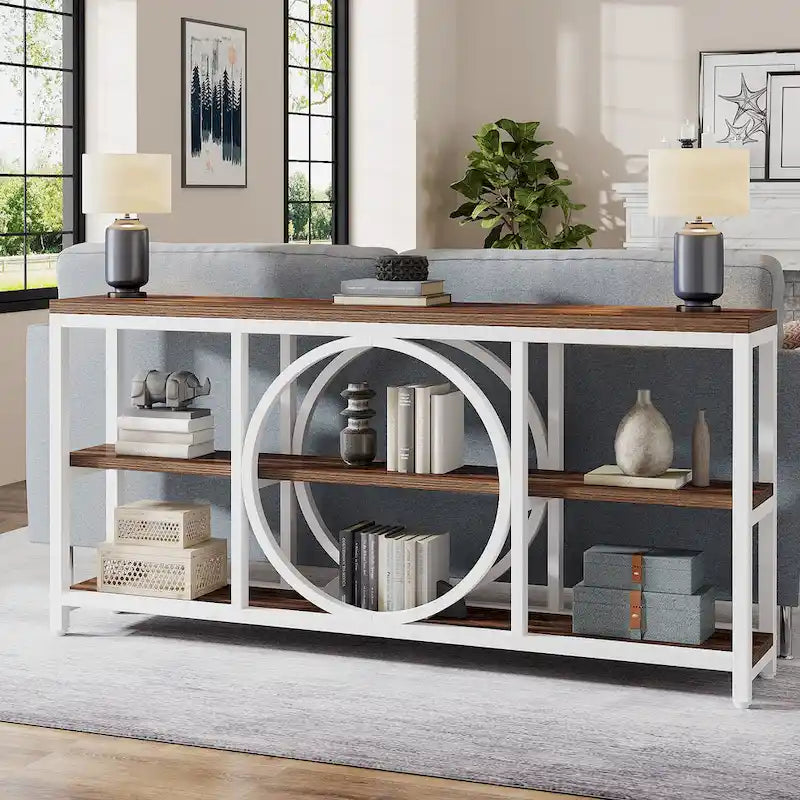 Console extra longue de 70,9 pouces, étroite, avec 3 étagères de rangement en bois