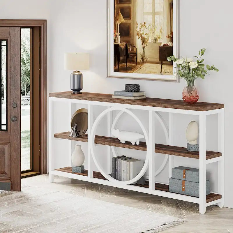 Console extra longue de 70,9 pouces, étroite, avec 3 étagères de rangement en bois