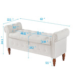 Banc de rangement capitonné 63 pouces, grand banc de rangement ottoman touffeté avec boutons pour le bout du lit de chambre, banc avec accoudoirs roulés