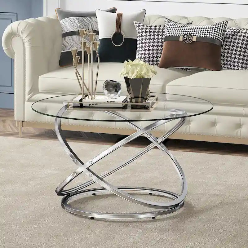 Table basse Myhozm Accent avec plateau rond en verre/pierre et base en métal