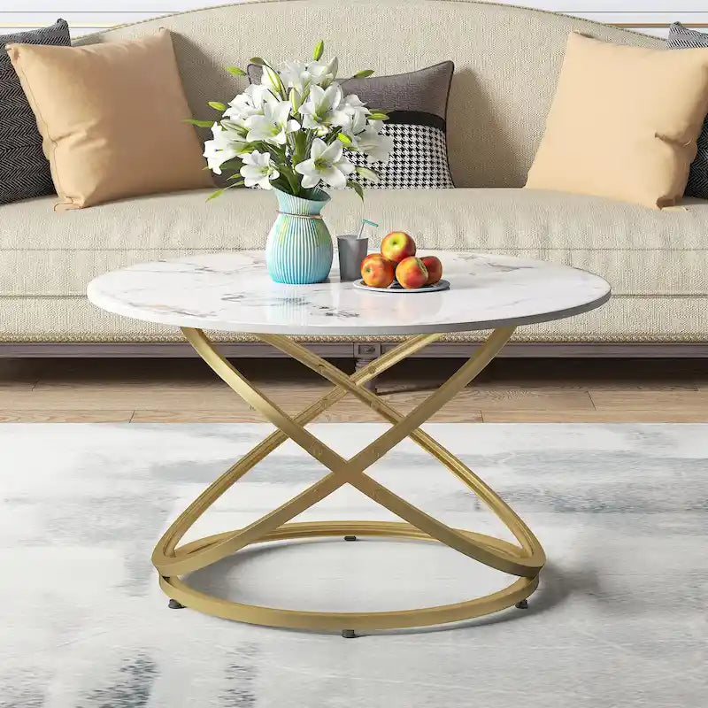 Table basse Myhozm Accent avec plateau rond en verre/pierre et base en métal
