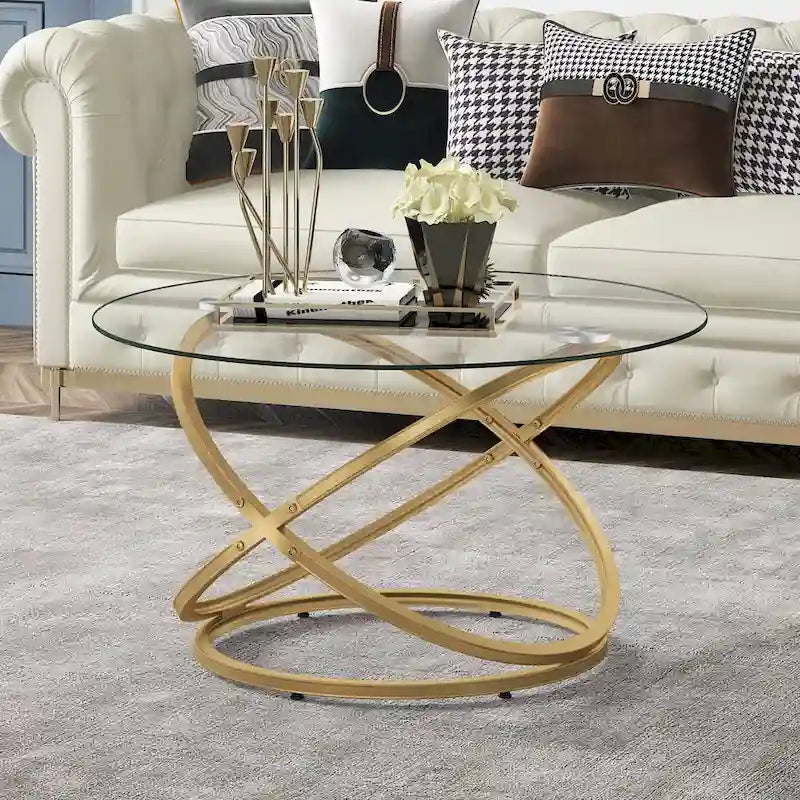 Table basse Myhozm Accent avec plateau rond en verre/pierre et base en métal