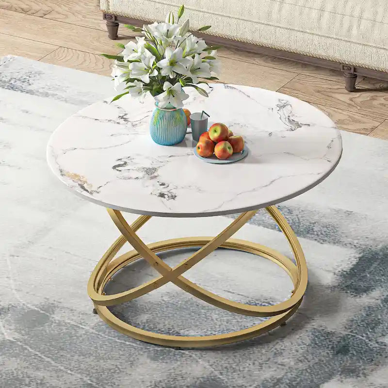 Table basse Myhozm Accent avec plateau rond en verre/pierre et base en métal