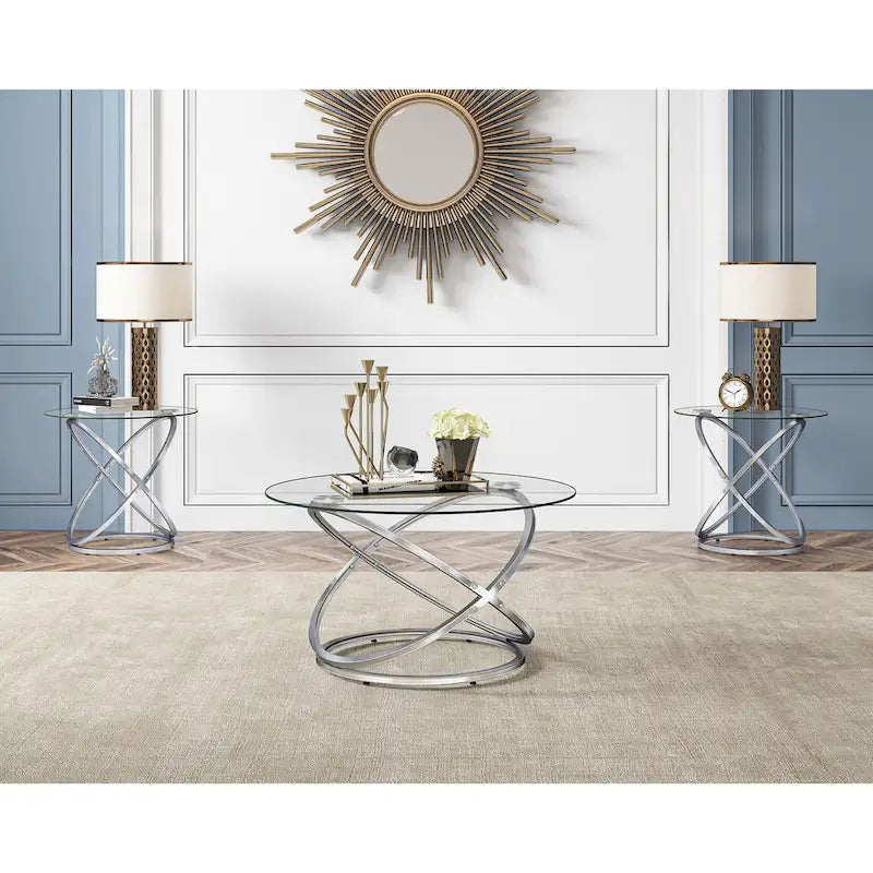 Table basse Myhozm Accent avec plateau rond en verre/pierre et base en métal