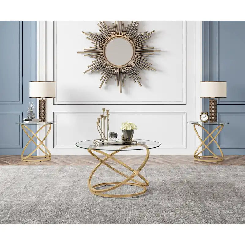 Table basse Myhozm Accent avec plateau rond en verre/pierre et base en métal