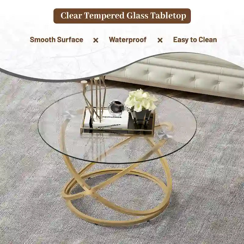 Table basse Myhozm Accent avec plateau rond en verre/pierre et base en métal