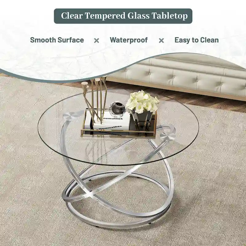 Table basse Myhozm Accent avec plateau rond en verre/pierre et base en métal