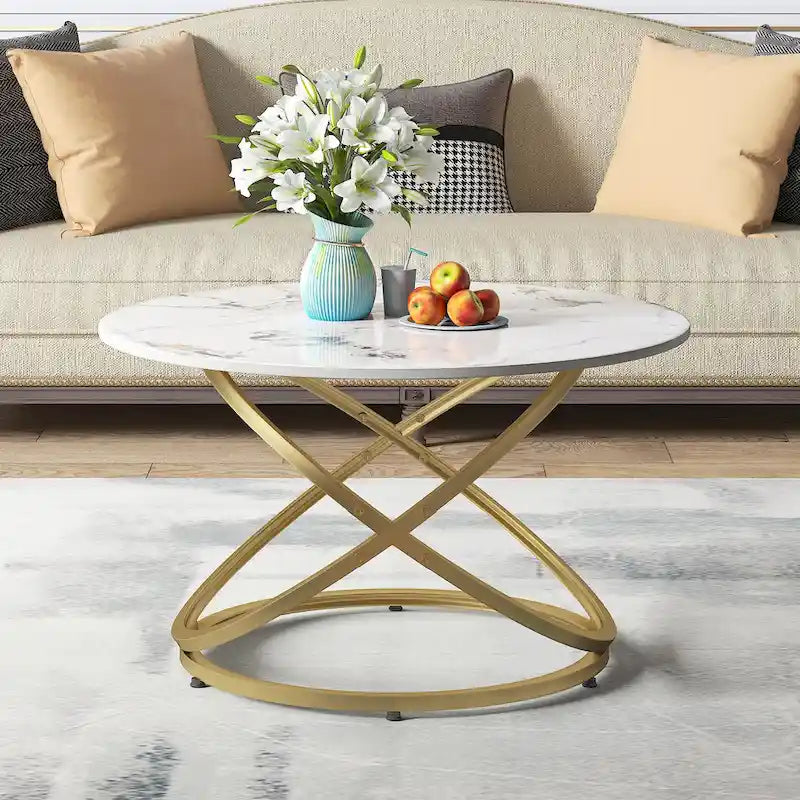 Table basse Myhozm Accent avec plateau rond en verre/pierre et base en métal