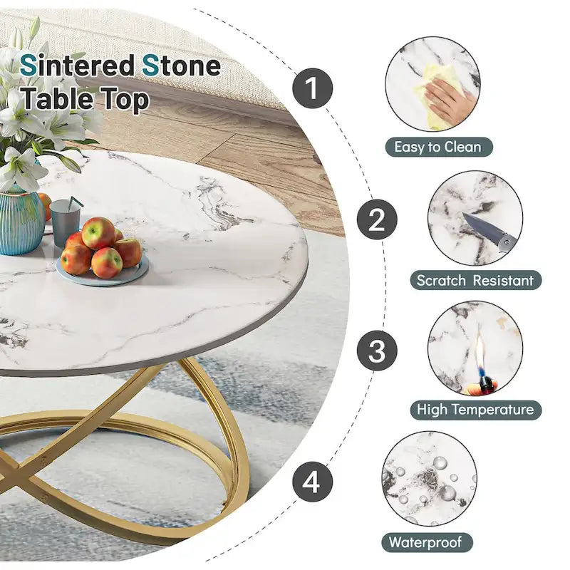 Table basse Myhozm Accent avec plateau rond en verre/pierre et base en métal