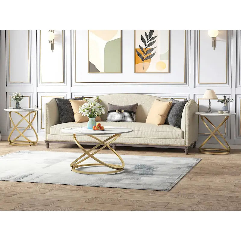 Table basse Myhozm Accent avec plateau rond en verre/pierre et base en métal