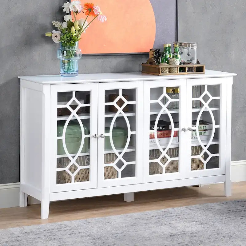HOMCOM Buffet avec 4 portes vitrées, armoire de rangement avec étagères réglables – 137L x 39,4P x 81,3H cm