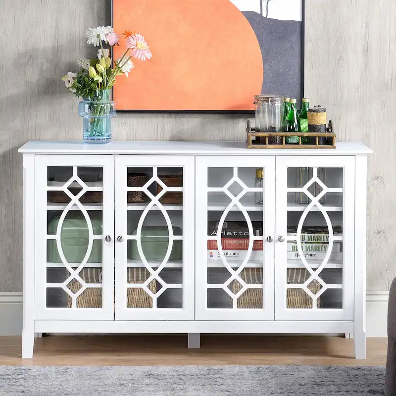 HOMCOM Buffet avec 4 portes vitrées, armoire de rangement avec étagères réglables – 137L x 39,4P x 81,3H cm