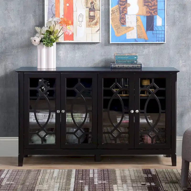 HOMCOM Buffet avec 4 portes vitrées, armoire de rangement avec étagères réglables – 137L x 39,4P x 81,3H cm