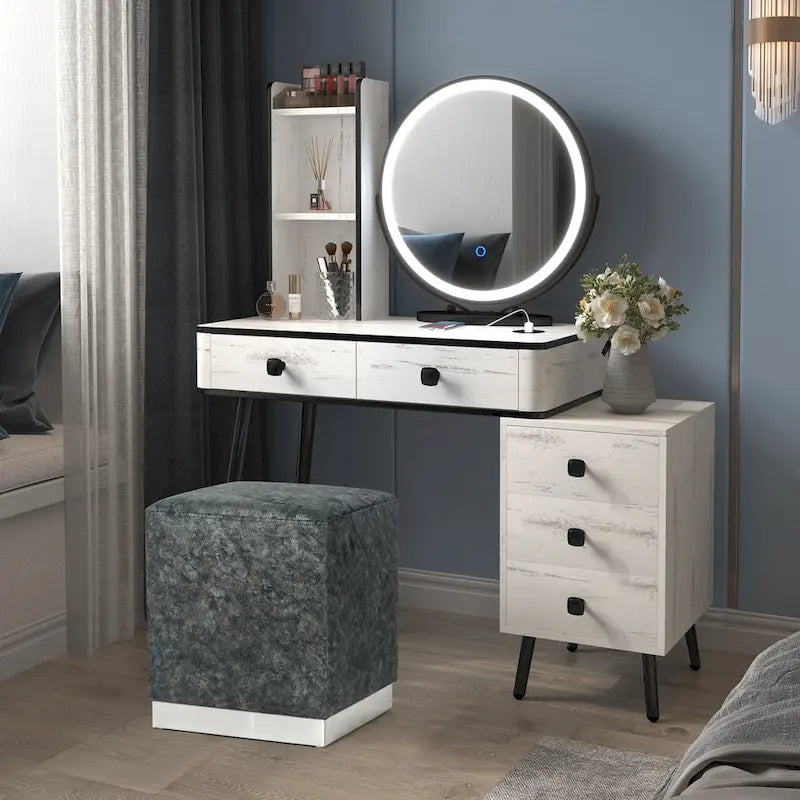 Pouffe repose-pieds Adeco tabouret coiffeuse avec garniture dorée