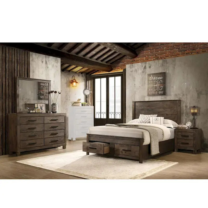 Lit plate-forme California King avec rangement en bois, style rustique marron doré