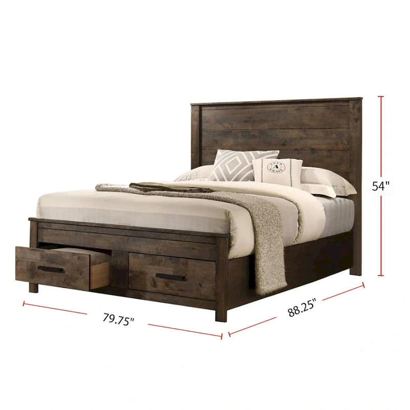 Lit plate-forme California King avec rangement en bois, style rustique marron doré