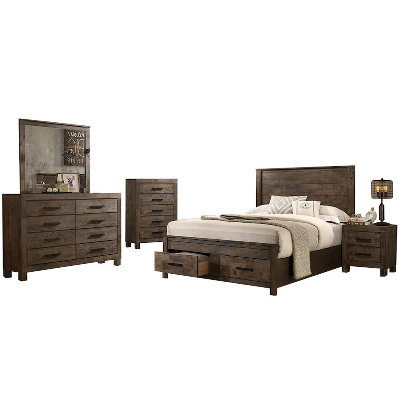 Lit plate-forme California King avec rangement en bois, style rustique marron doré