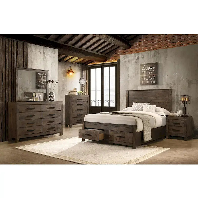 Lit plate-forme California King avec rangement en bois, style rustique marron doré