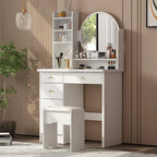 Timechee Coiffeuse avec miroir rond, tiroirs et étagères - Blanc - 31.5L x 15.7W x 52H