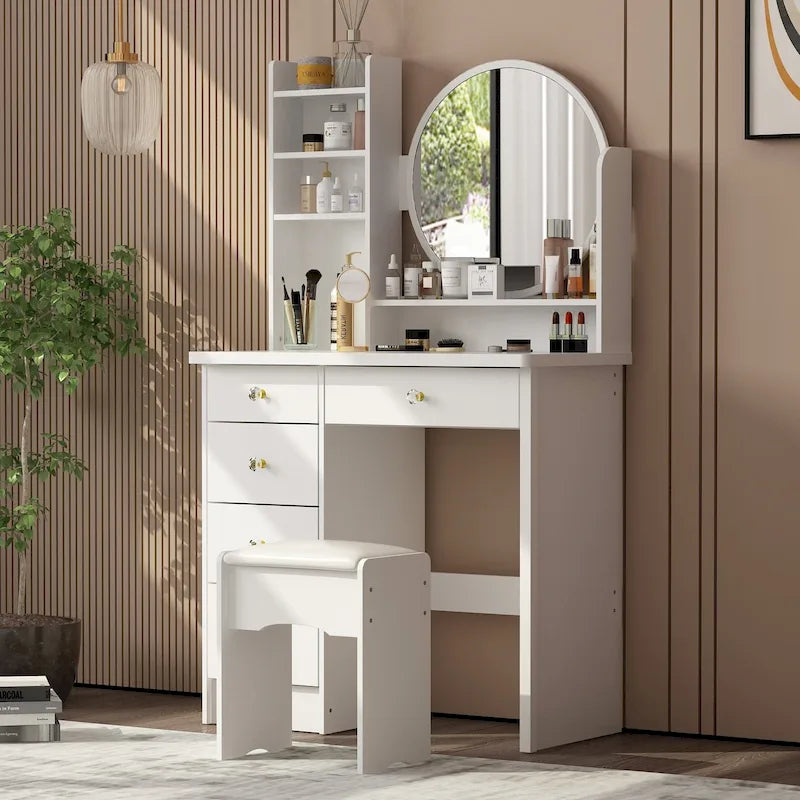 Timechee Coiffeuse avec miroir rond, tiroirs et étagères - Blanc - 31.5L x 15.7W x 52H